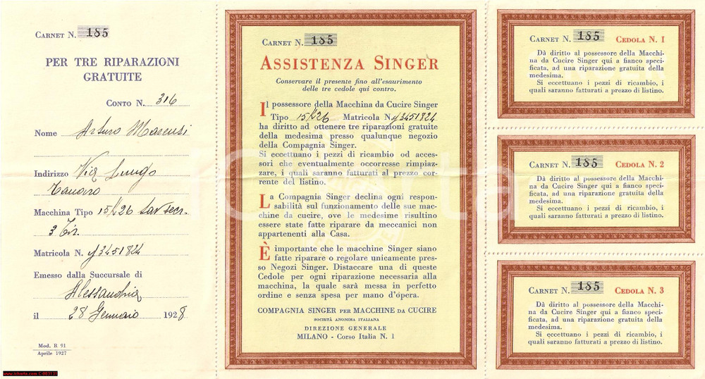 Materiale pubblicitario d’epoca 1928 ALESSANDRIA Carnet SINGER per assistenza macchine da cucire 1