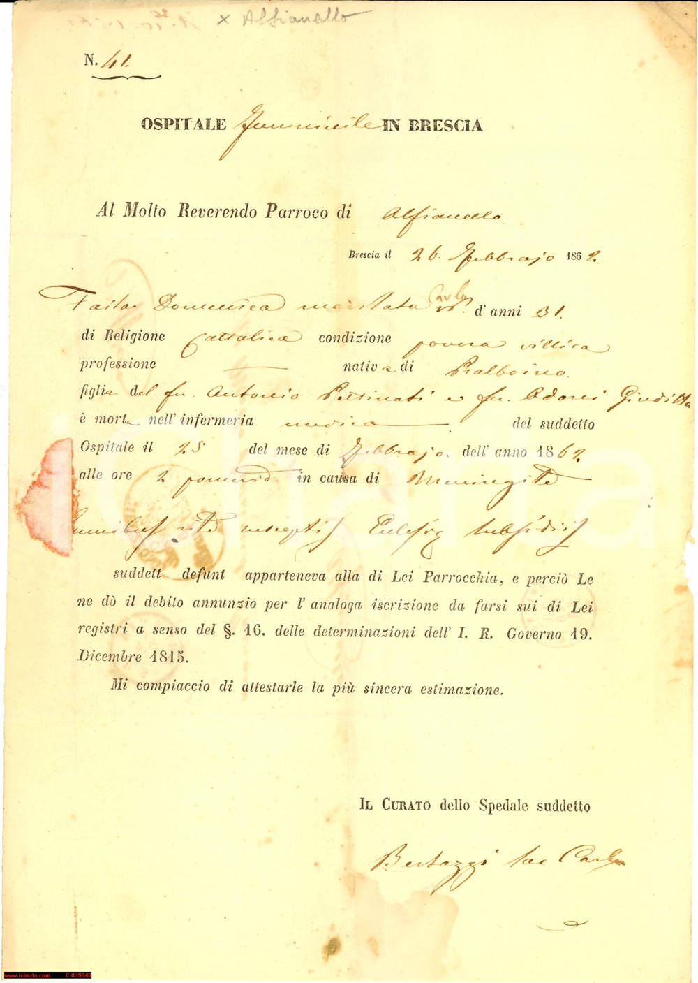 Documento originale, autentico 1862 ALFIANELLO BS 'povera villica' muore di meningite 1