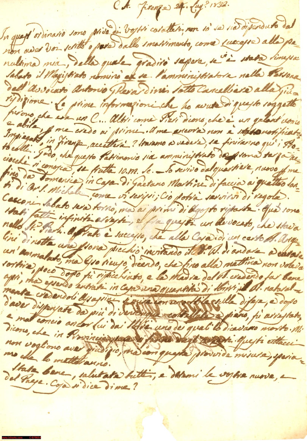 Manoscritto, lettera originale 1832 PRATO Medico ANGELINI accoltella guardie notturne 1