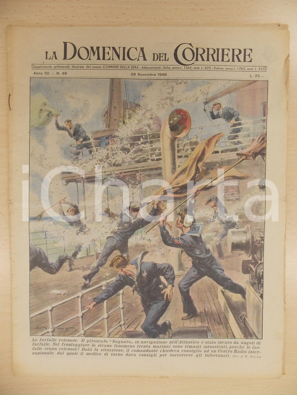 Giornale, rivista storica 1948 DOMENICA DEL CORRIERE Il piroscafo SAGNARO invaso da farfalle velenose 1