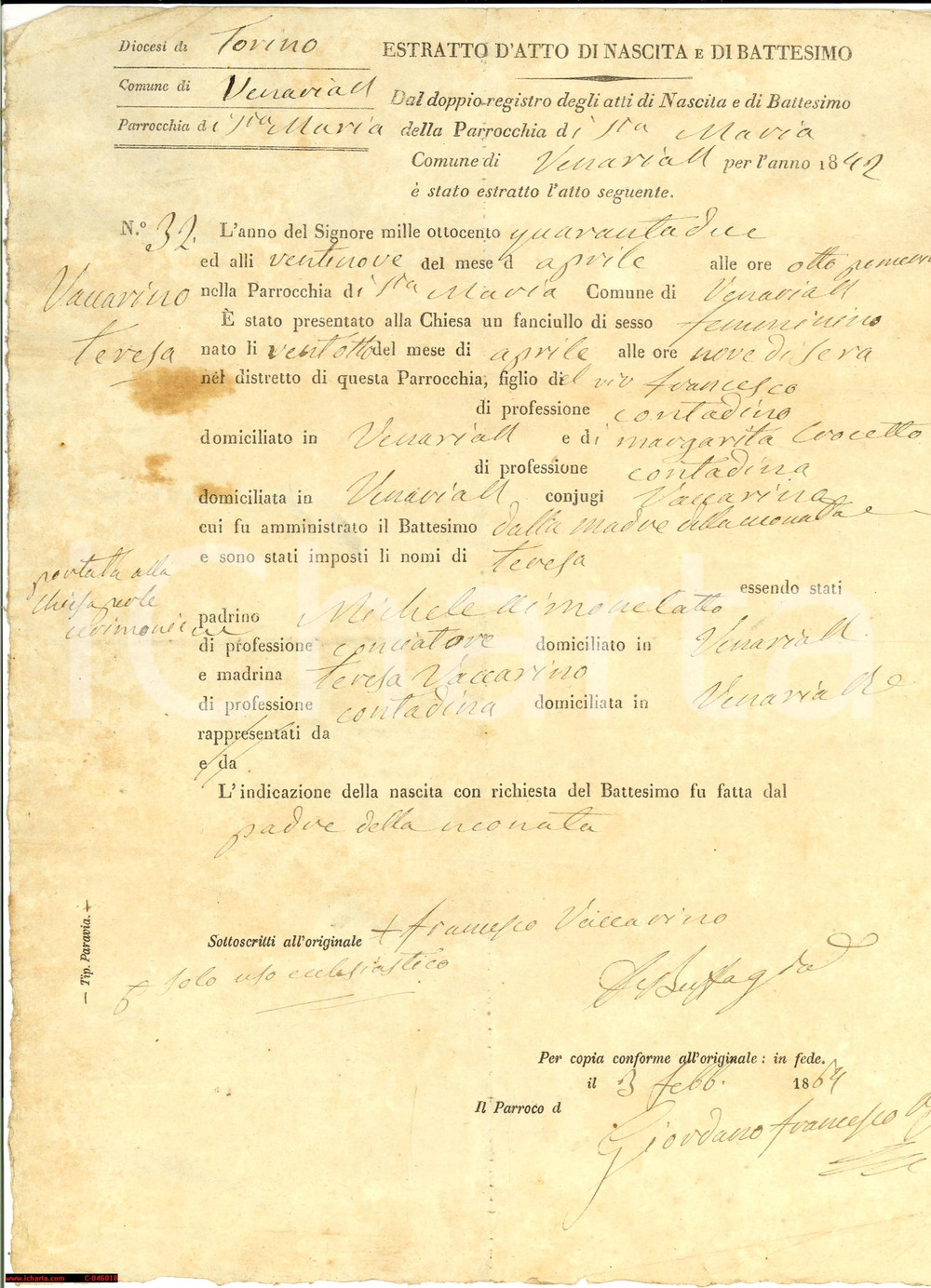 Documento originale, autentico 1864 VENARIA REALE TO Battesimo Teresa VACCARINO 1