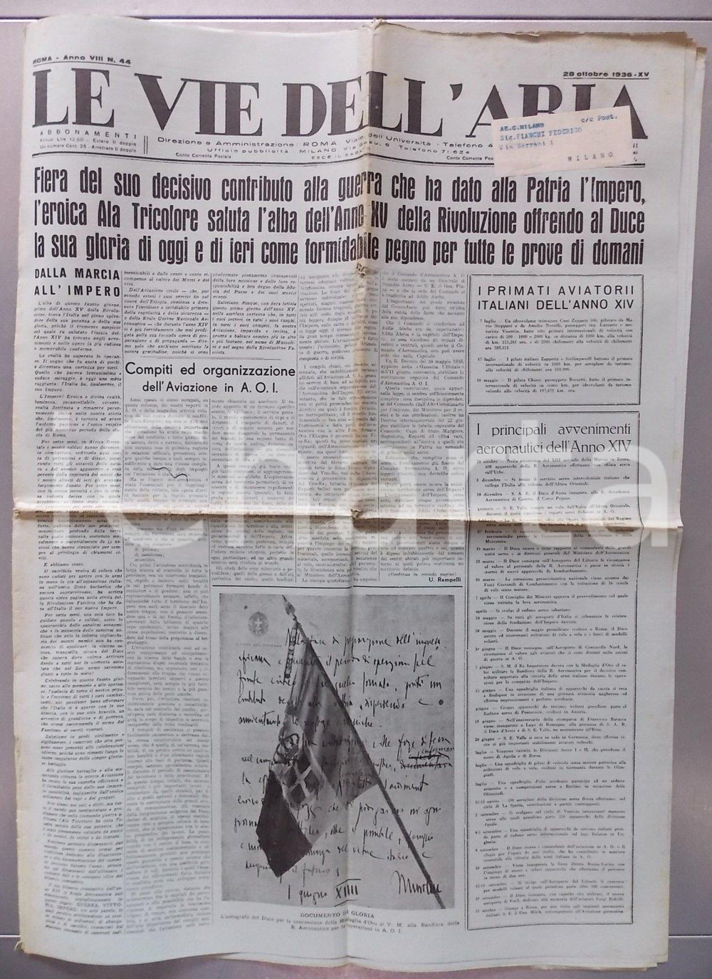 Giornale, rivista storica 1936 LE VIE DELL ARIA Fascismo e Aviazione hanno dato Impero all ITALIA Giornale 1