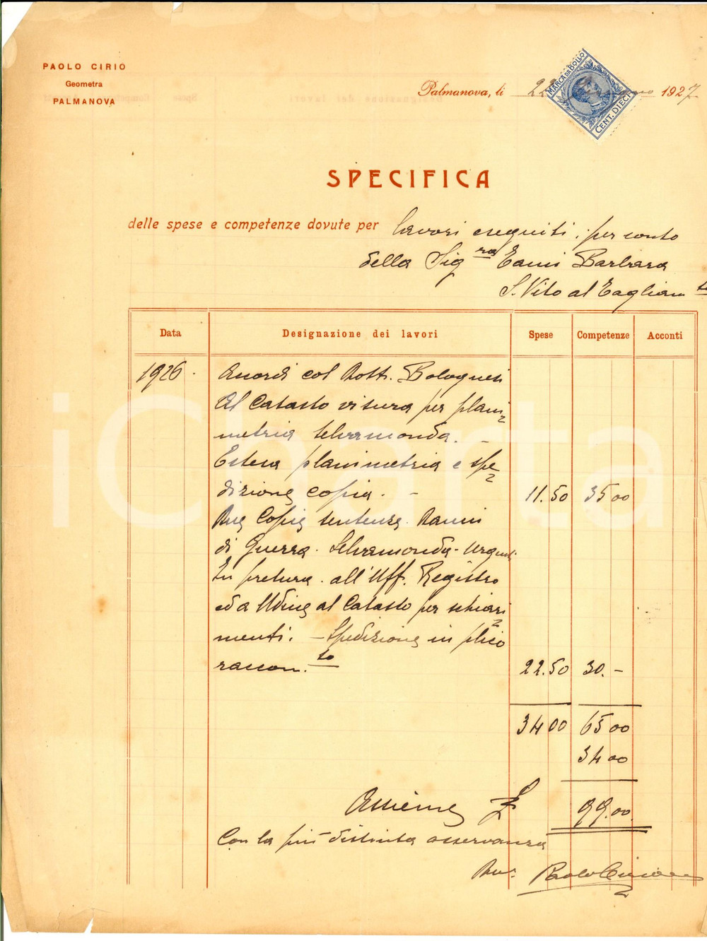 Documento originale, autentico 1927 PALMANOVA Conto delle competenze del geometra Paolo CIRIO 1