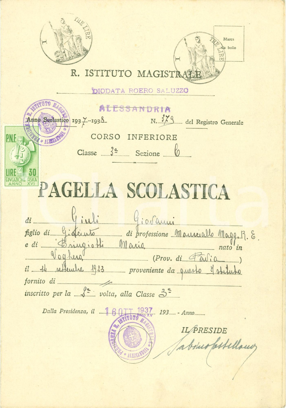 Oggetto da collezione cartaceo 1937 ALESSANDRIA Pagella Giovanni GIULI Ist. Magistrale SALUZZO 1