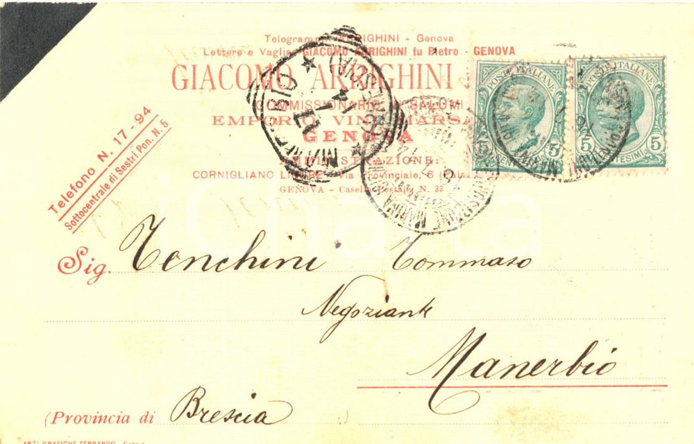 Cartolina originale da collezione 1914 GENOVA Giacomo ARRIGHINI Commissionario in salumi *Cartolina commerciale FP 1