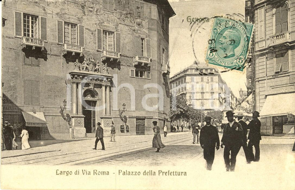 Cartolina originale da collezione 1915 ca GENOVA Largo di Via ROMA e Palazzo Prefettura *Cartolina ANIMATA FP VG 1