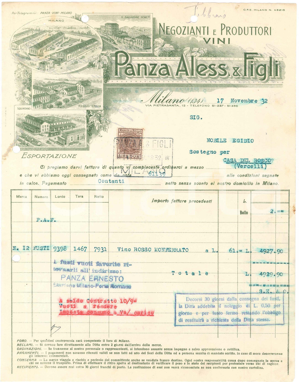 1932 MILANO Aless. PANZA & Figli - Via Pietrasanta 12 - Viticoltori - Fattura 1 Fattura commerciale d'epoca, dattiloscritta, su carta intestata illustrata.Presente marca da bollo. CONDIZIONI: FAIR (piegature d'epoca, fori da classificatore al margine superiore e sinistro)PAGINE: 1    originale e autentica 1