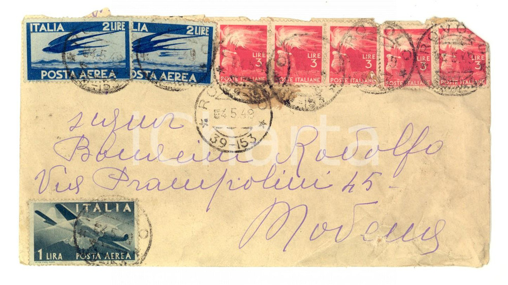 Cartolina originale da collezione 1949 STORIA POSTALE  REPUBBLICA Striscia da 5 Lire 3 + POSTA AEREA 2 Lire 1