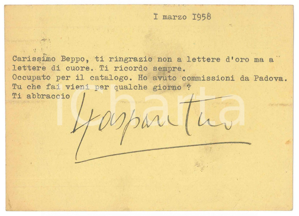 Autografo originale 1958 NAPOLI Cartolina Gaspare CASELLA occupato per il catalogo Autografo 1