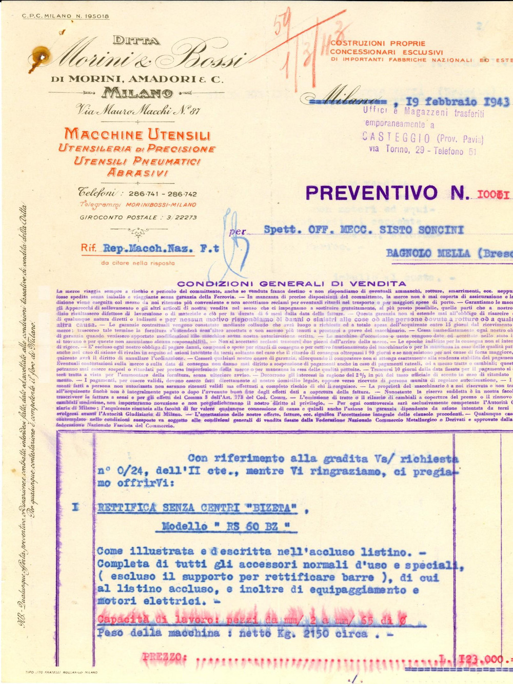 Documento originale, autentico 1943 MILANO Ditta MORINI & BOSSI Macchine utensili Preventivo rettifica BIZETA 1