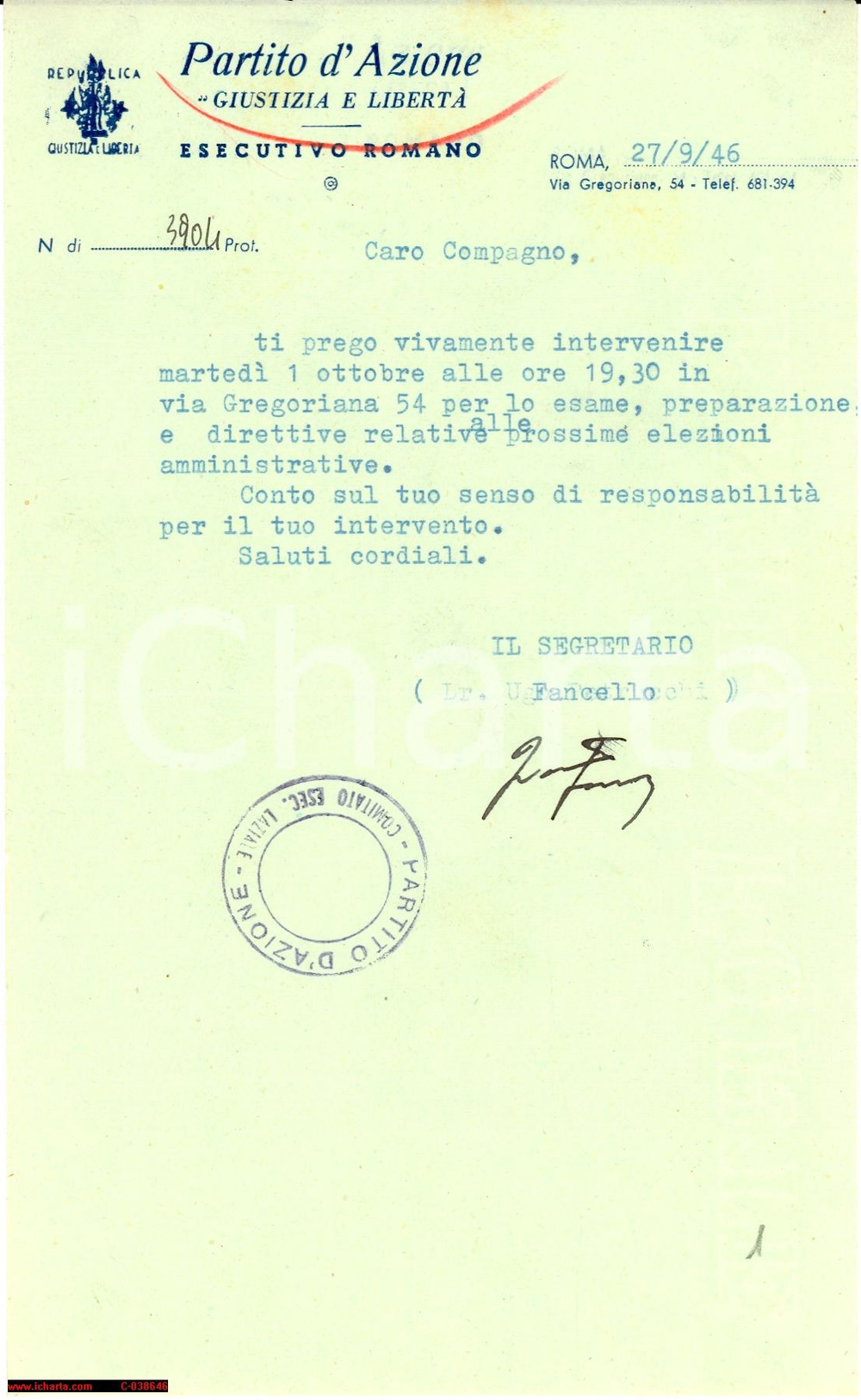 Autografo originale 1946 PARTITO D AZIONE Francesco FANCELLO Invito a riunione Lettera con autografo 1