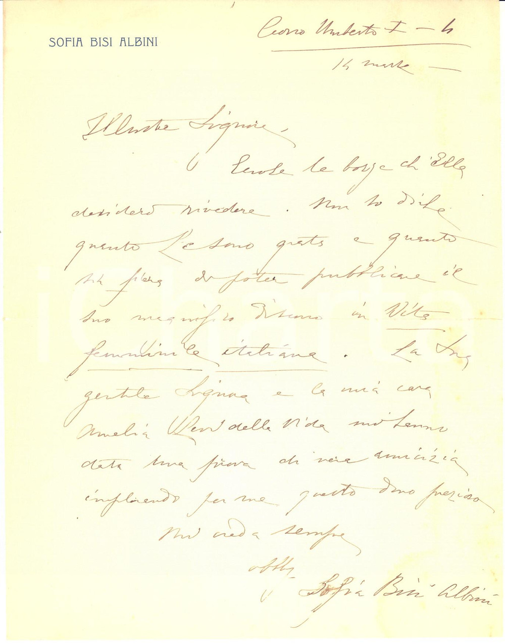 Autografo originale 1910 ca MILANO Sofia BISI ALBINI promette pubblicazione discorso  Autografo 1