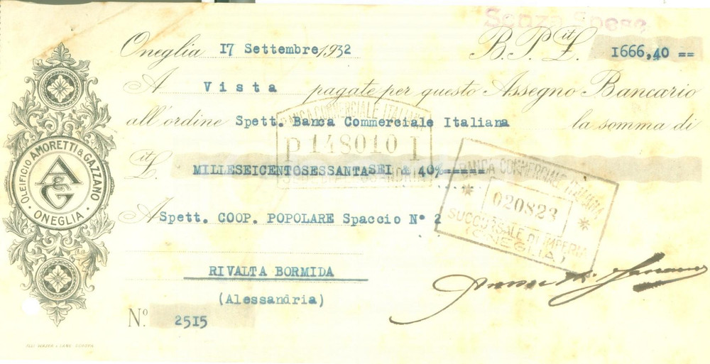 Documento originale, autentico 1932 ONEGLIA IM Oleificio AMORETTI & GAZZANO Assegno pubblicitario 3 1