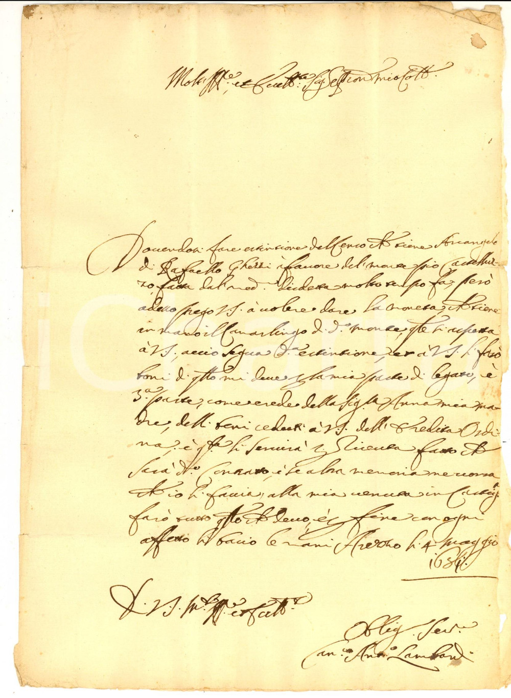 Manoscritto, lettera originale 1681 AREZZO Carlo Antonio LAMBARDI su estinzione censo di Arcangelo GHEZZI 1