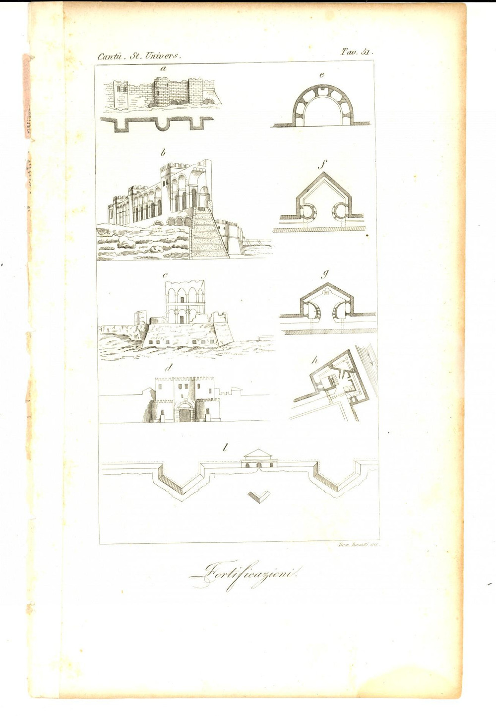 Stampa, bozzetto originale 1845 Cesare CANTU  Fortificazioni Stampa da Storia Universale 14x23 cm 1