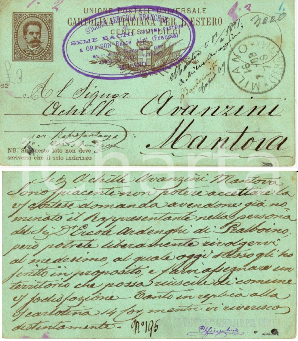 Documento originale, autentico 1888 MILANO Carlo FIORENTINO SocietÃ  Sericola Francese Cartolina FP VG 1