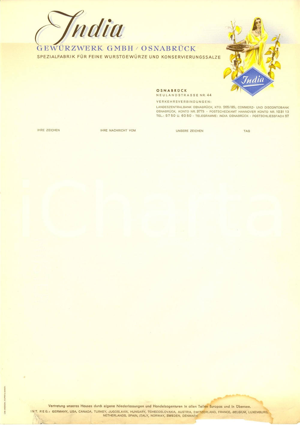 Materiale pubblicitario d’epoca 1950 ca OSNABRUCK D INDIA spezialfabrik fur wurstgewurze Intestata ILLUSTRATA 1