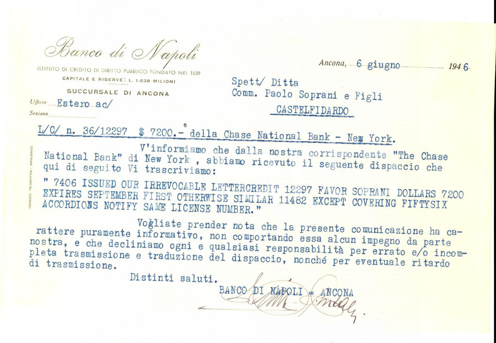 Manoscritto, lettera originale 1946 ANCONA BANCO DI NAPOLI Lettera commerciale su dispaccio CHASE NATIONAL BANK 1