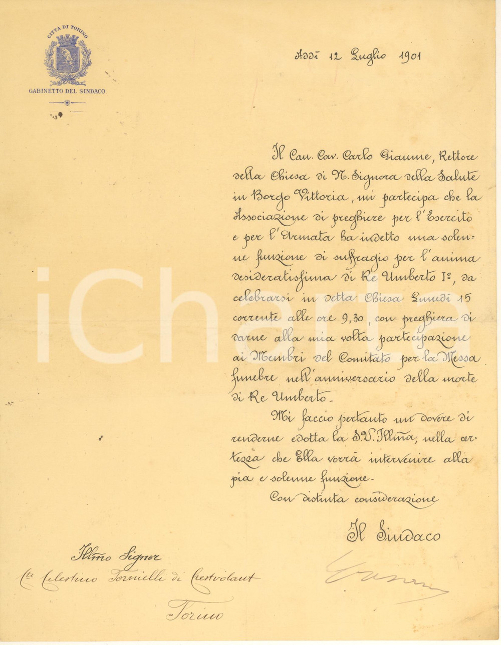 Autografo originale 1901 TORINO Messa in suffragio re Umberto I Autografo sindaco Severino CASANA 1