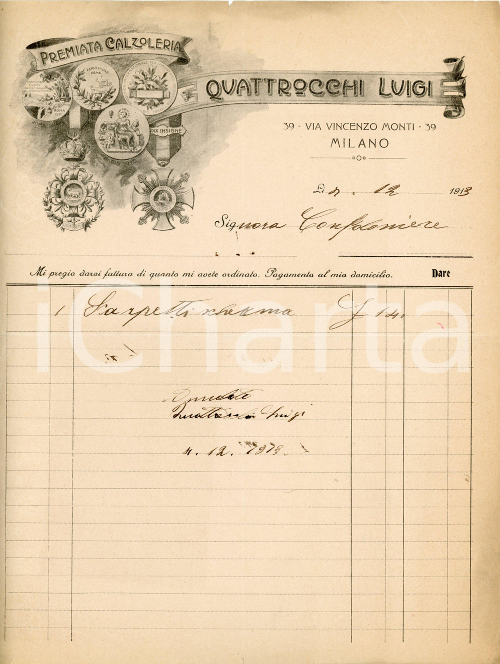 1913 MILANO - Luigi QUATTROCCHI Calzoleria - Fattura per scarpette scherma Fattura commerciale d'epoca, manoscritta, su carta intestata.Milano - via Vincenzo Monti 39CONDIZIONI: F (piegature d'epoca e minimi strappi laterali)PAGINE: 1     originale e autentica 1
