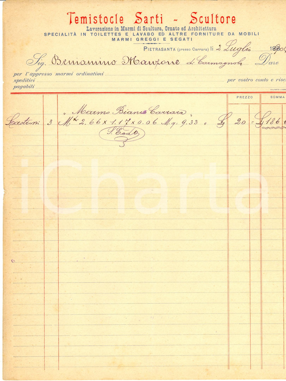 Documento originale, autentico 1904 PIETRASANTA LU Temistocle SARTI Scultore marmi 1