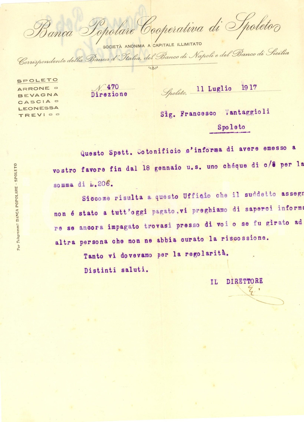 Documento originale, autentico 1917 Banca Popolare Cooperativa di SPOLETO PG Lettera commerciale intestata 1