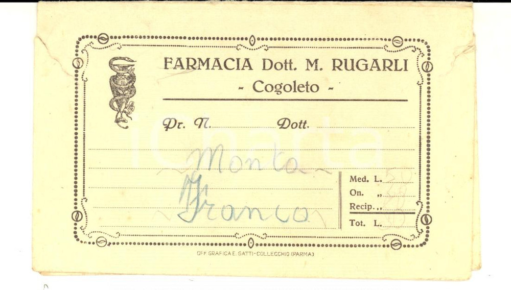 Materiale pubblicitario d’epoca 1900 ca GENOVA COGOLETO Farmacia Dott. RUGARLI Busta Pubblicitaria 1