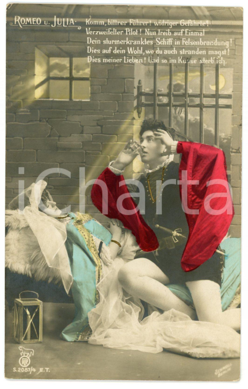 1908 LOVERS Romeo and Juliet - Chromo vintage postcard  Cartolina postale d'epoca, viaggiata.CONDIZIONI: GFORMATO: FP    originale e autentica 1