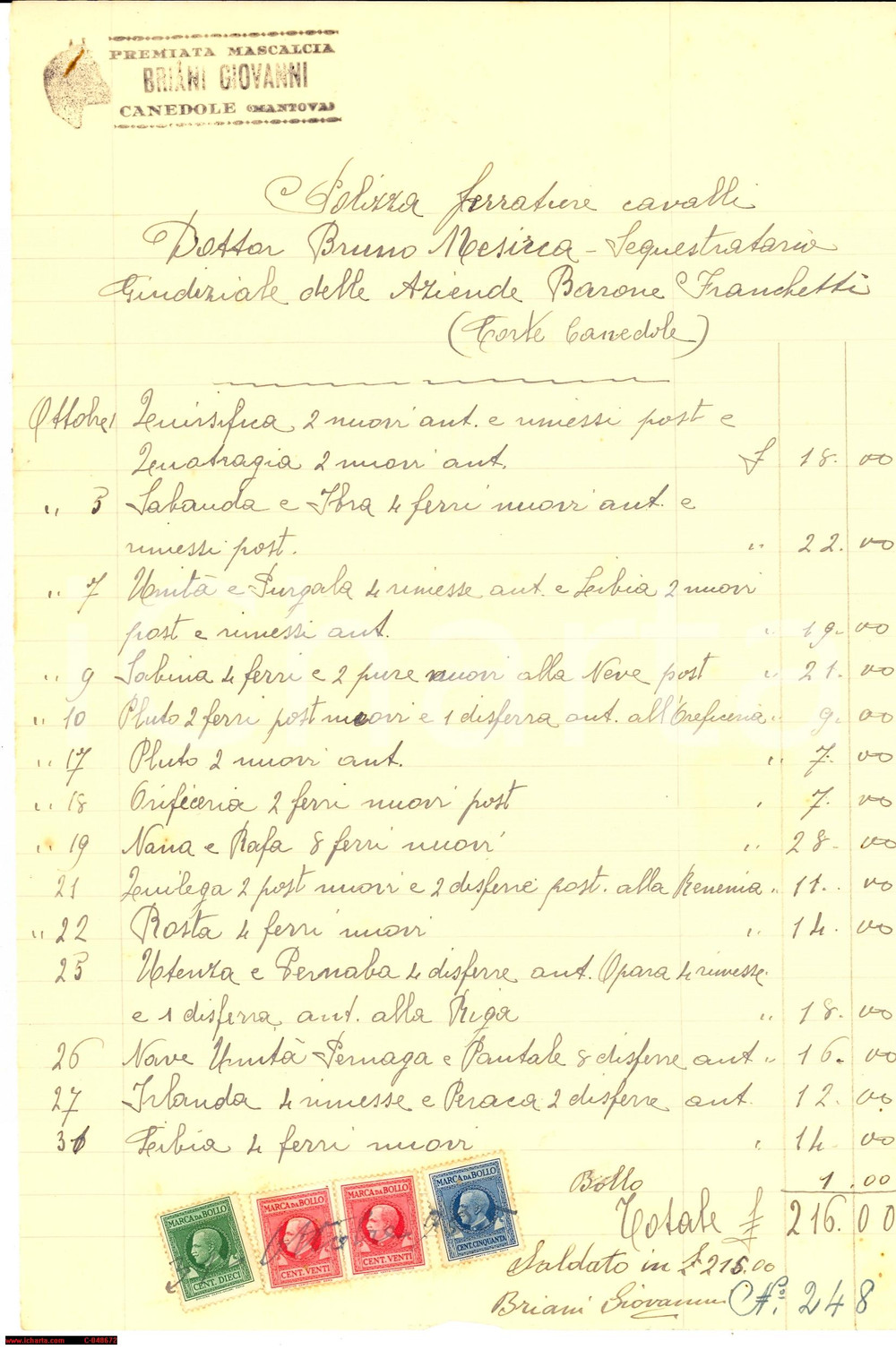Documento originale, autentico 1935 CANEDOLE MN Ferratura cavalli BRIANI Giovanni 1