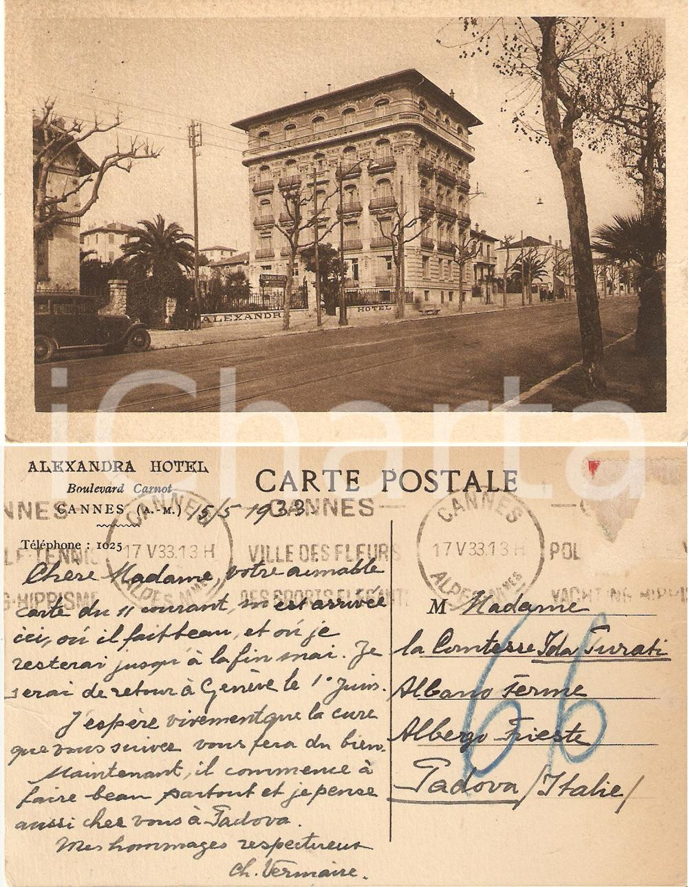 Autografo originale 1933 CANNES (F) Hotel ALEXANDRA - Autografo console Charles VERMAIRE FP VG 1