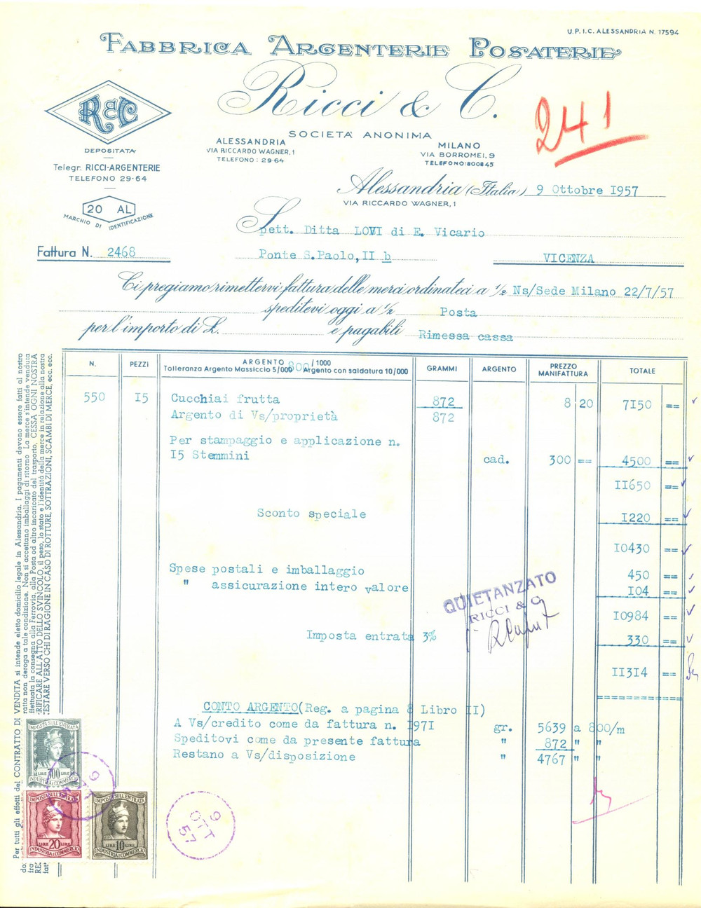 Documento originale, autentico 1957 ALESSANDRIA Fabbrica RICCI argenterie e posaterie Fattura commerciale 1