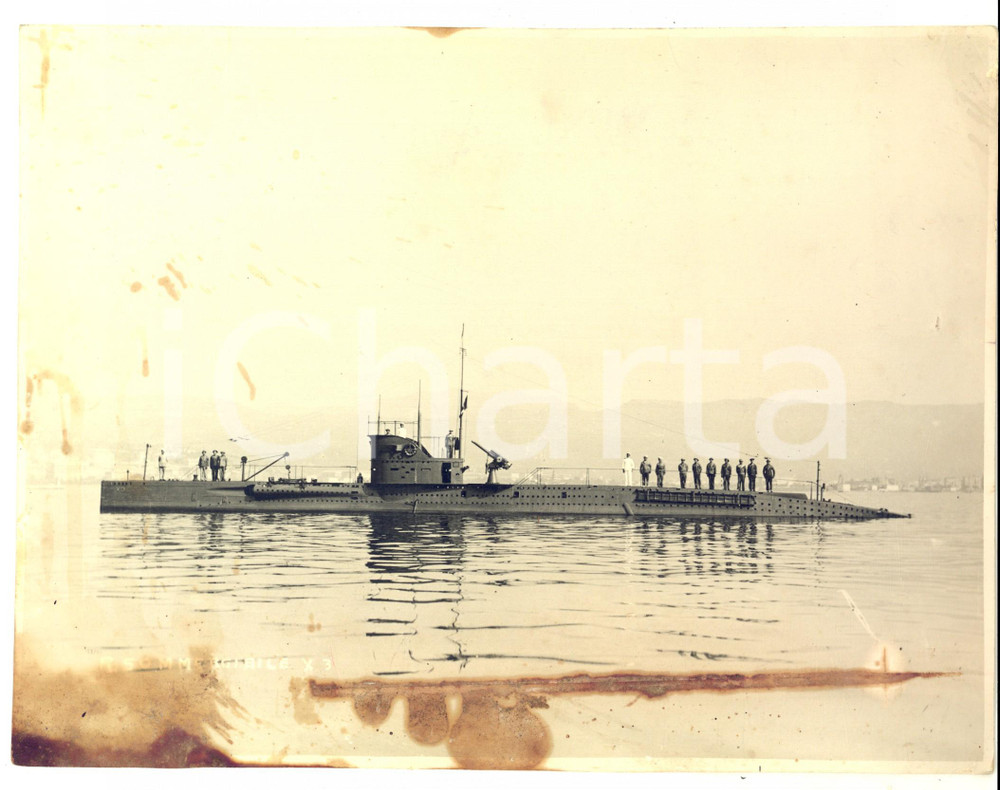 Fotografia d epoca originale 1940 ca REGIA MARINA Sommergibile X3 con marinai Foto DANNEGGIATA 26x21 1