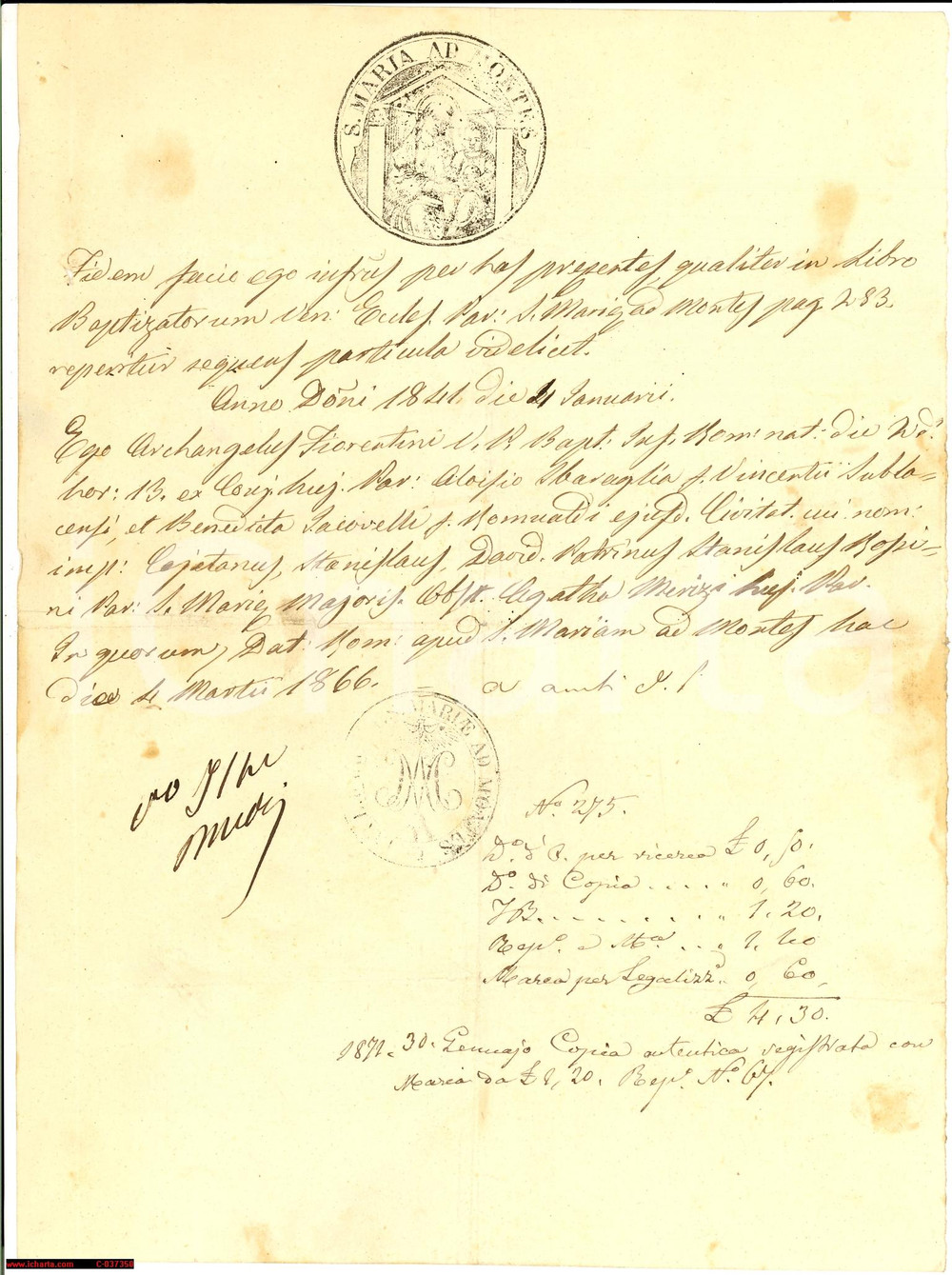 Documento originale, autentico 1866 SANTA MARIA A MONTE PI Battesimo Gaetano SBARAGLIA 1