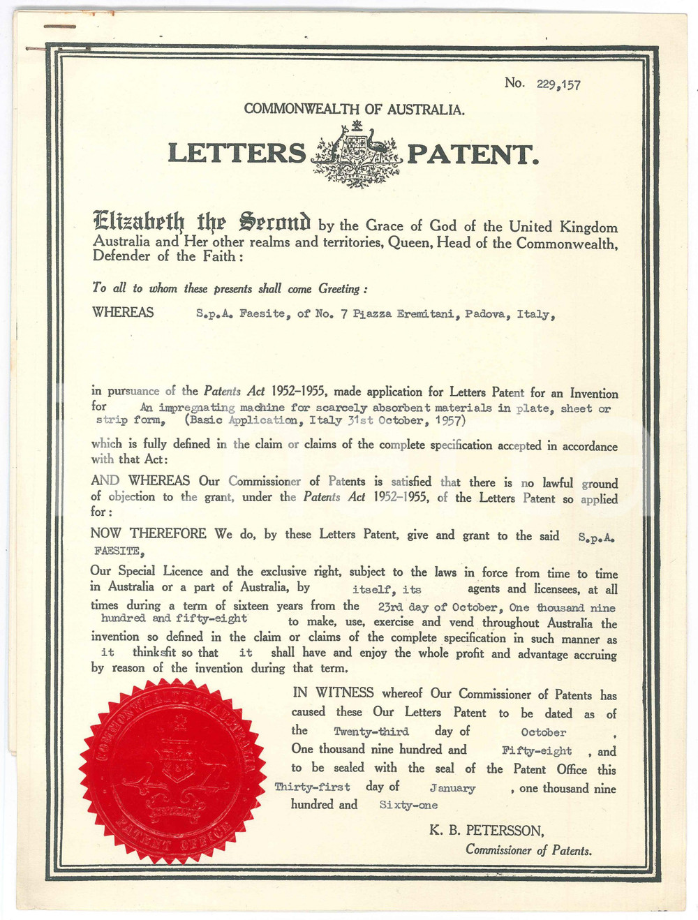 Documento originale, autentico 1960 AUSTRALIA Letters patent FAESITE spa for impregnating machine  Plate 1