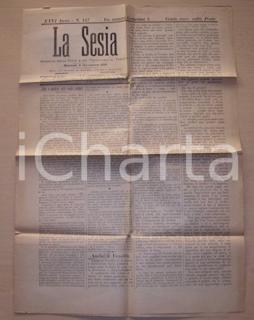 Giornale, rivista storica 1896 LA SESIA Istruzione gratuita è diritto di tutti 1