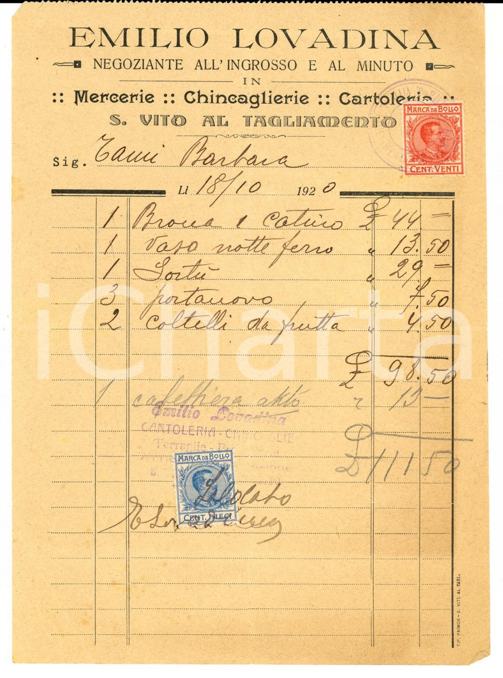 Documento originale, autentico 1920 SAN VITO AL TAGLIAMENTO (UD) Emilio LOVADINA chincaglierie *Fattura 1