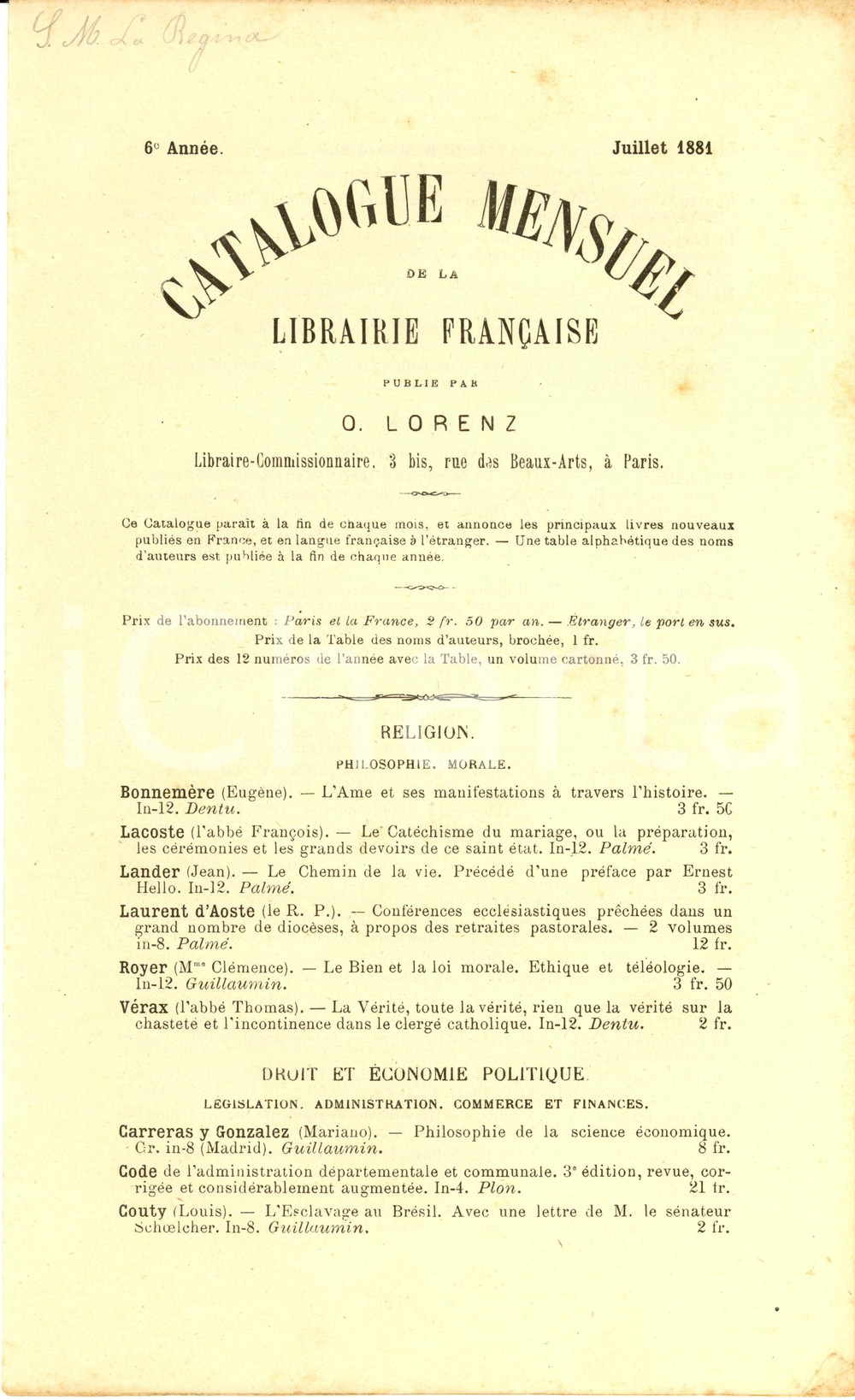 Libro, pubblicazione d epoca Juillet 1881 PARIS Libraire OTTO LORENZ Catalogue mensuel librairie franÃ§aise 1
