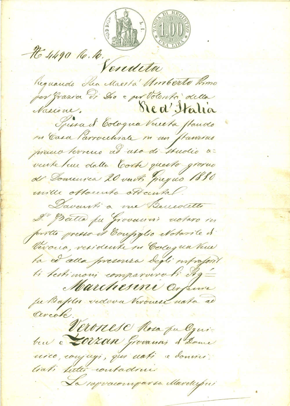 Documento originale, autentico 1880 COLOGNA VENETA (VR) Arsenia MARCHESINI vende casa a SPESSA per mantenersi 1