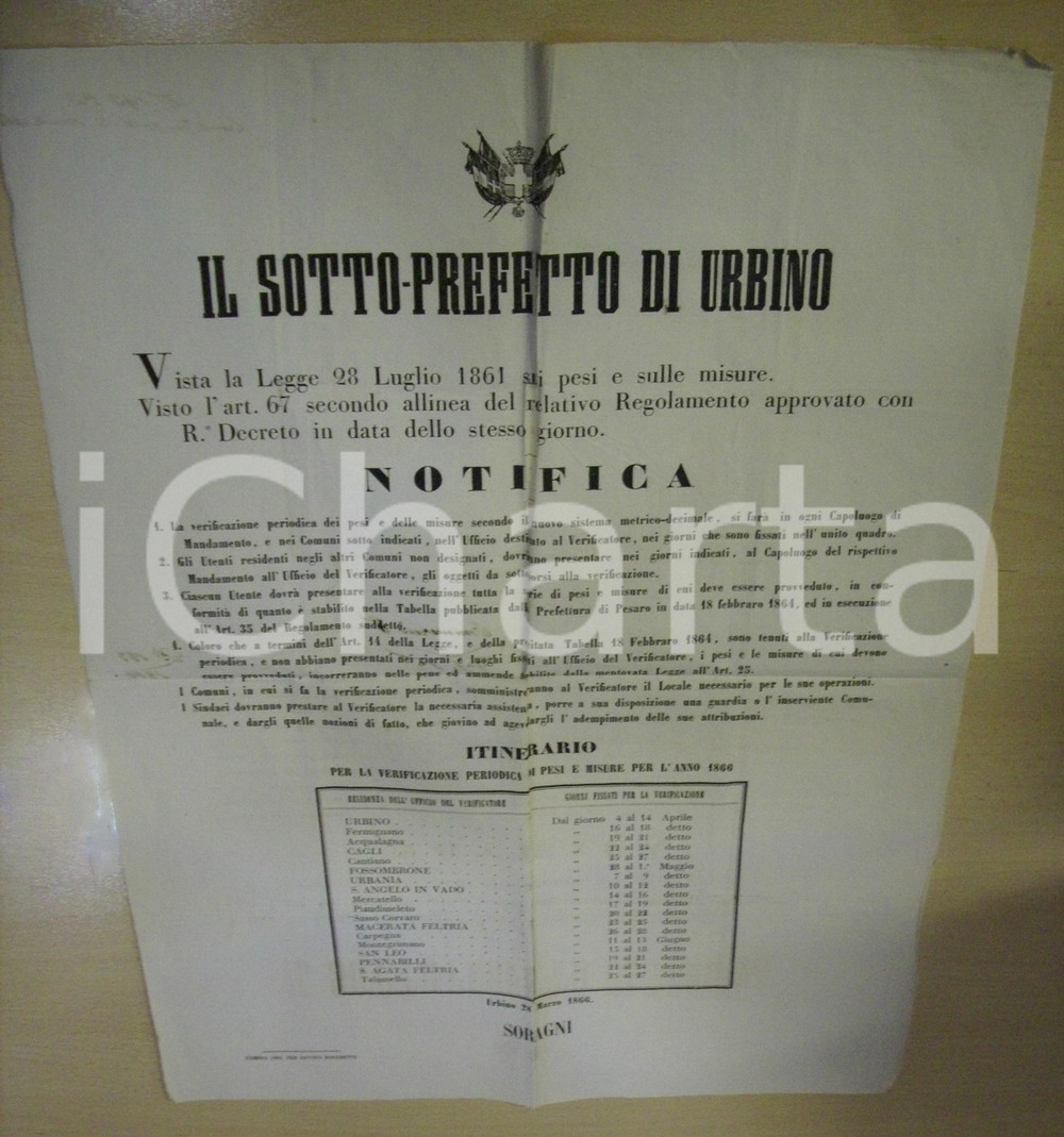 Documento originale, autentico 1866 URBINO Pesi e misure del sistema metrico decimale 1