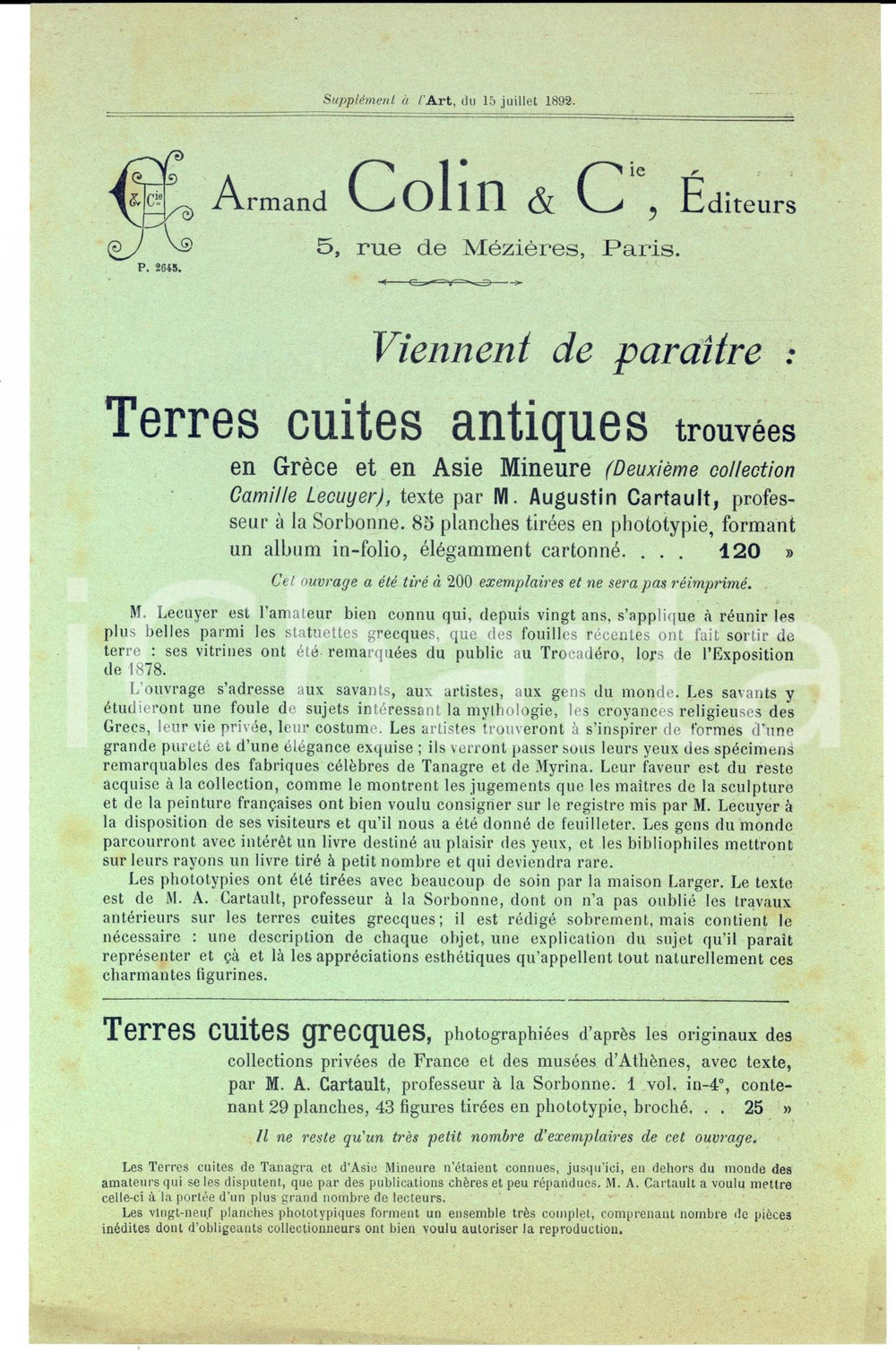 Materiale pubblicitario d’epoca 1892 PARIS Listino ARMAND COLIN Editeurs Storia e archeologia 1
