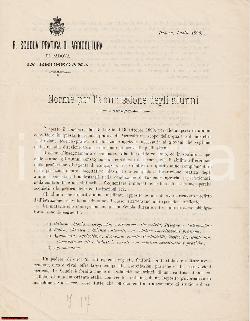 Documento originale, autentico 1899 BRUSEGANA (PD) Scuola Pratica di Agricoltura PADOVA Ammissione 1