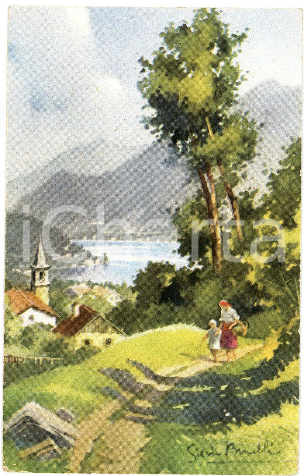 1930 ca Artista Silvio BONELLI Mamma e figlia a passeggio nei boschi - Cartolina  Cartolina postale d'epoca, non viaggiata. FAIR/discreto Lievi smussature agli angoli Formato: FP originale e autentica 1