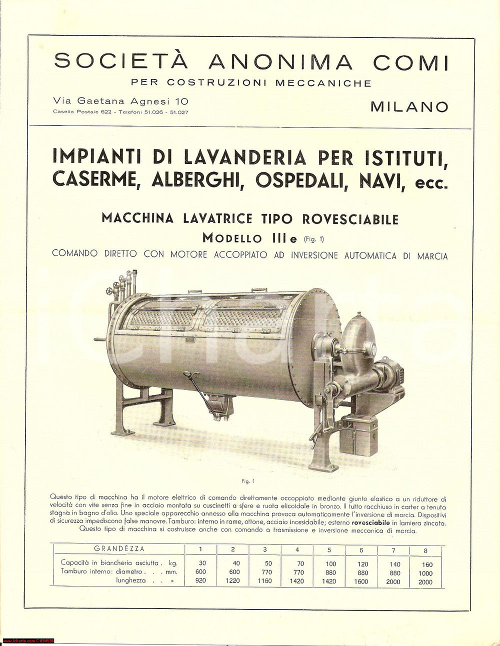 Materiale pubblicitario d’epoca 1935ca MILANO Via Agnesi 10 Società anonima COMI Lavanderia industriale 1
