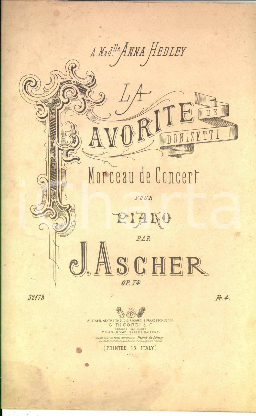 Oggetto da collezione cartaceo 1893 Joseph ASCHER La Favorite de DONIZETTI Concert pour piano *RICORDI 1