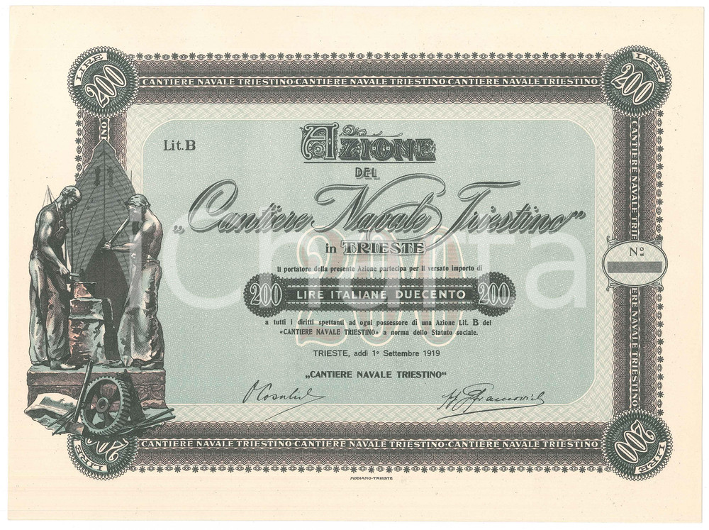 1919 TRIESTE Cantiere Navale Triestino - Certificato azionario ILLUSTRATO (2) Certificato azionario illustrato. CONDIZIONI:FAIR/discreto Lievi piegature agli angoliFORMATO: 31x23 cm originale e autentica 1