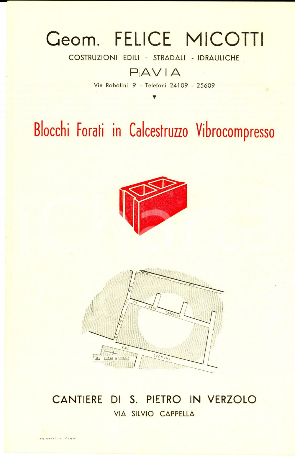 Materiale pubblicitario d’epoca 1950 ca PAVIA Geom. Felice MICOTTI Blocchi forati in calcestruzzo Pieghevole 1