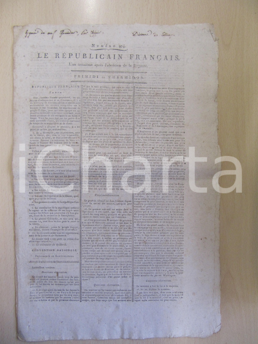 Giornale, rivista storica 1795 LE REPUBLICAIN FRANCAIS Gazette REVOLUTION n° 974 Sulla legge americana 1