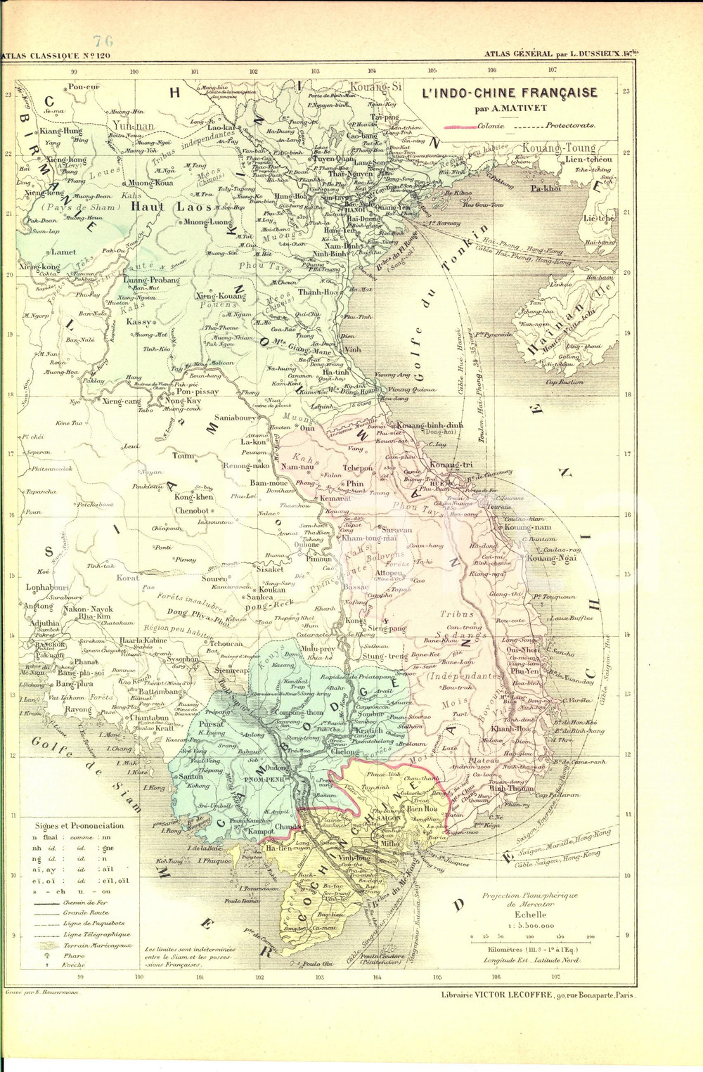 Stampa, bozzetto originale 1875 PARIS M. L. DUSSIEUX Atlas de géographie Carte INDOCHINE francaise 1