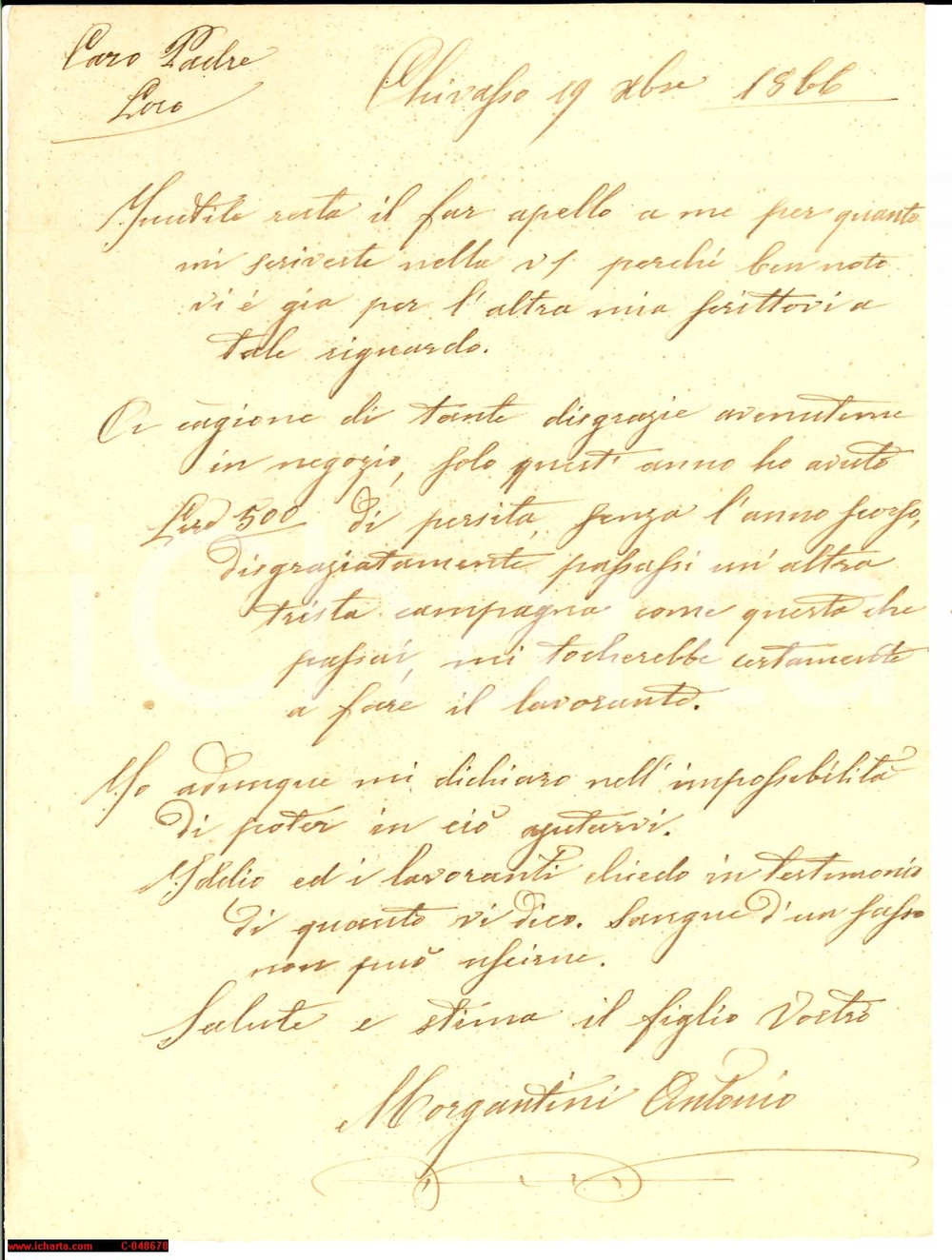 Documento originale, autentico 1866 CHIVASSO TO Antonio MORGANTINI rischia chiusura 1