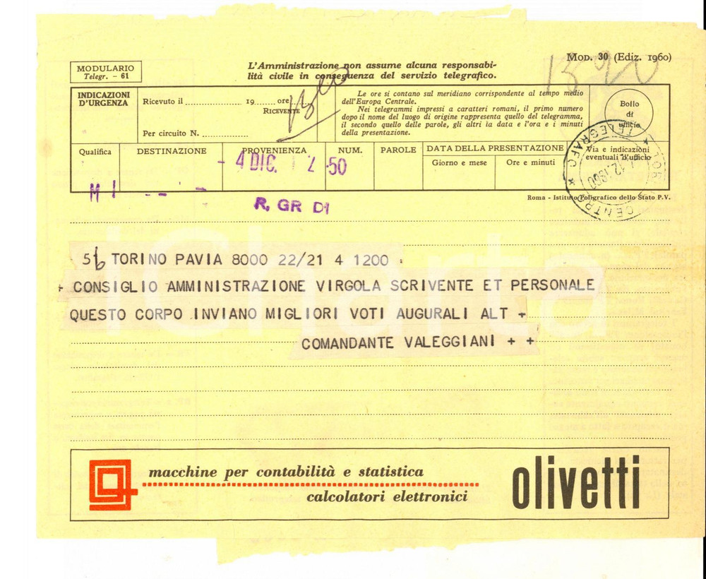 Documento originale, autentico 1960 TORINO Telegramma pubblicitario OLIVETTI calcolatori VINTAGE 1